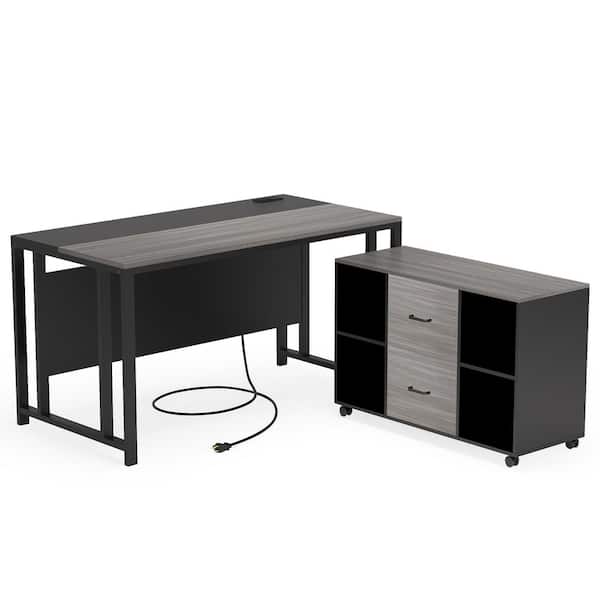BYBLIGHT Capen 55 in. L-Shaped Gray Engineered Wood 2-Drawer Executive Desk with Power Outlet Shelves and Drawer Cabinet