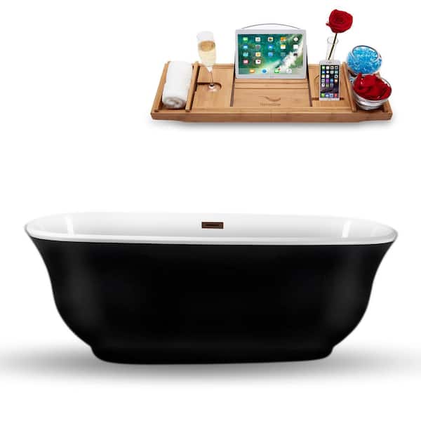 Streamline 67 in. Acrylic Flatbottom Non-Whirlpool Bathtub in Glossy Black with Matte Oil Rubbed Bronze Drain and Overflow Cover