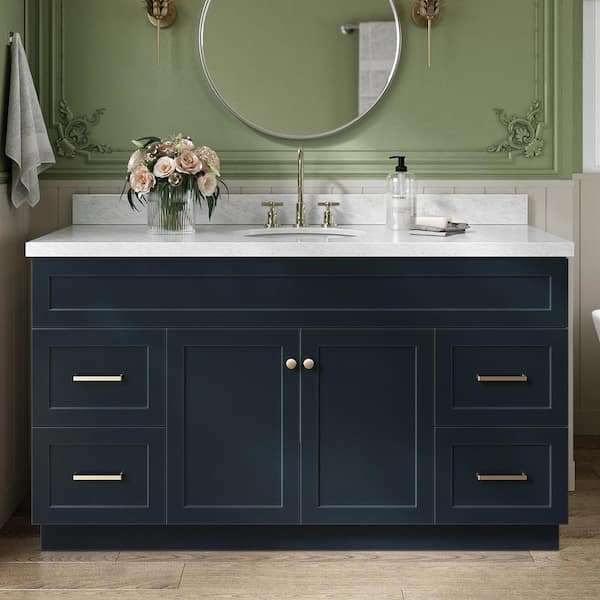 ARIEL Hamlet 61 in. W x 22 in. D x 36 in. H Vanity in Midnight Blue with White Carrara Marble Vanity Top