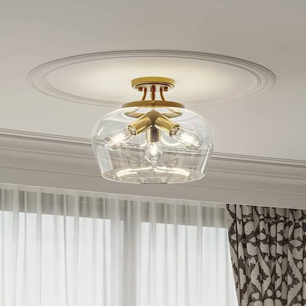 11 in. 3-Light Antique Brass Semi-Flush Mount Ceiling Light with Glass Shade