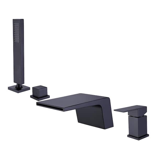 Dual-Handle Floor-Mount Roman Tub Faucet with Hand Shower in Black