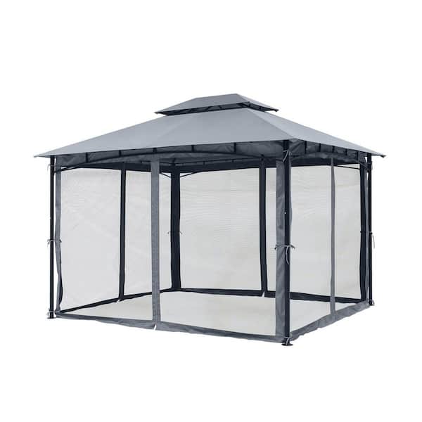 10 ft. x 12 ft. Light Gray Outdoor Patio Gazebo Canopy with Double Roofs and Mosquito Netting for Backyard Lawn and Deck
