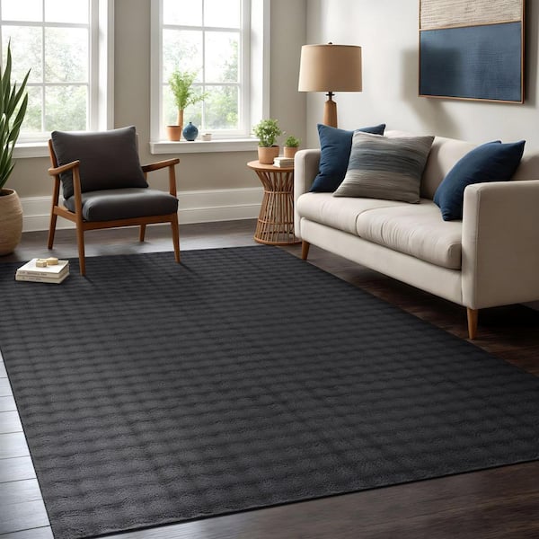 Aurora 4 ft. x 6 ft. Dark Grey Non-Slip Rubber Back Washable Polyester Checker Indoor Area Rug