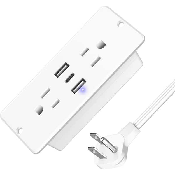 10 ft. 2-Outlet 2-Ports USB-A 1-Port USB-C Recessed Power Strip Flat Plug Fast Charging Furniture Socket White