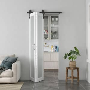 30 in. x 84 in. 1-Lite Frosted Glass PVC Finished White MDF Bi-Fold Sliding Barn Door with Hardware Kit, J-Shape Hanger