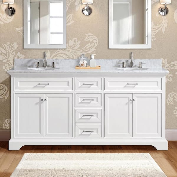 Windlowe 73 in. Double Sink White Bath Vanity with White Carrara White Marble Top (Assembled)