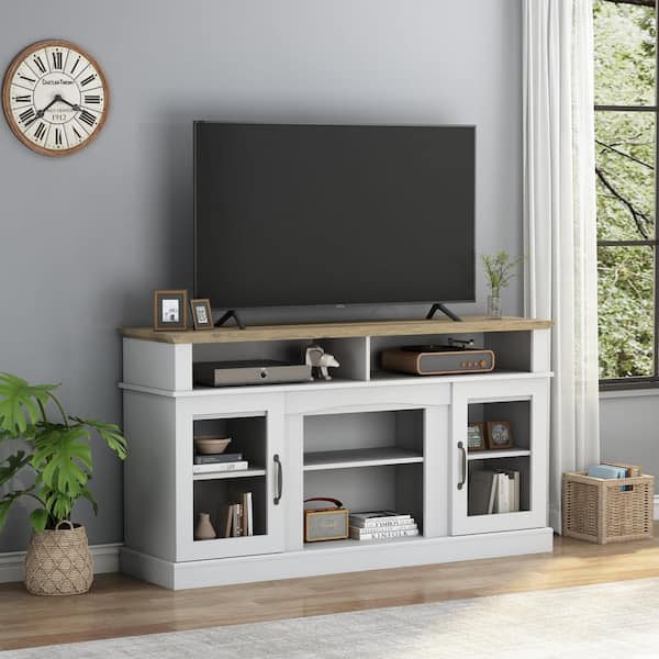 Boyel Living White 58 in. TV Stand with Storage Cabinet and Shelves Fits TVs up to 55 to 65 in.