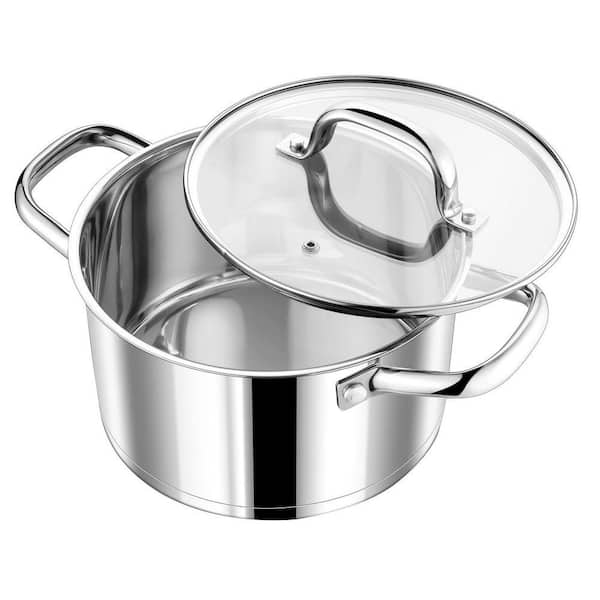 4 Quarts Stainless Steel Stock Pot with Lid, Tri-Ply Bottom and Clear Glass Lid, Induction Compatible, Dishwasher Safe