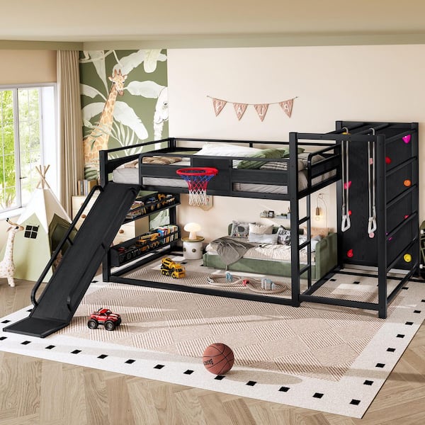 Black Full Wood/Metal Loft Bed with Basketball Hoop