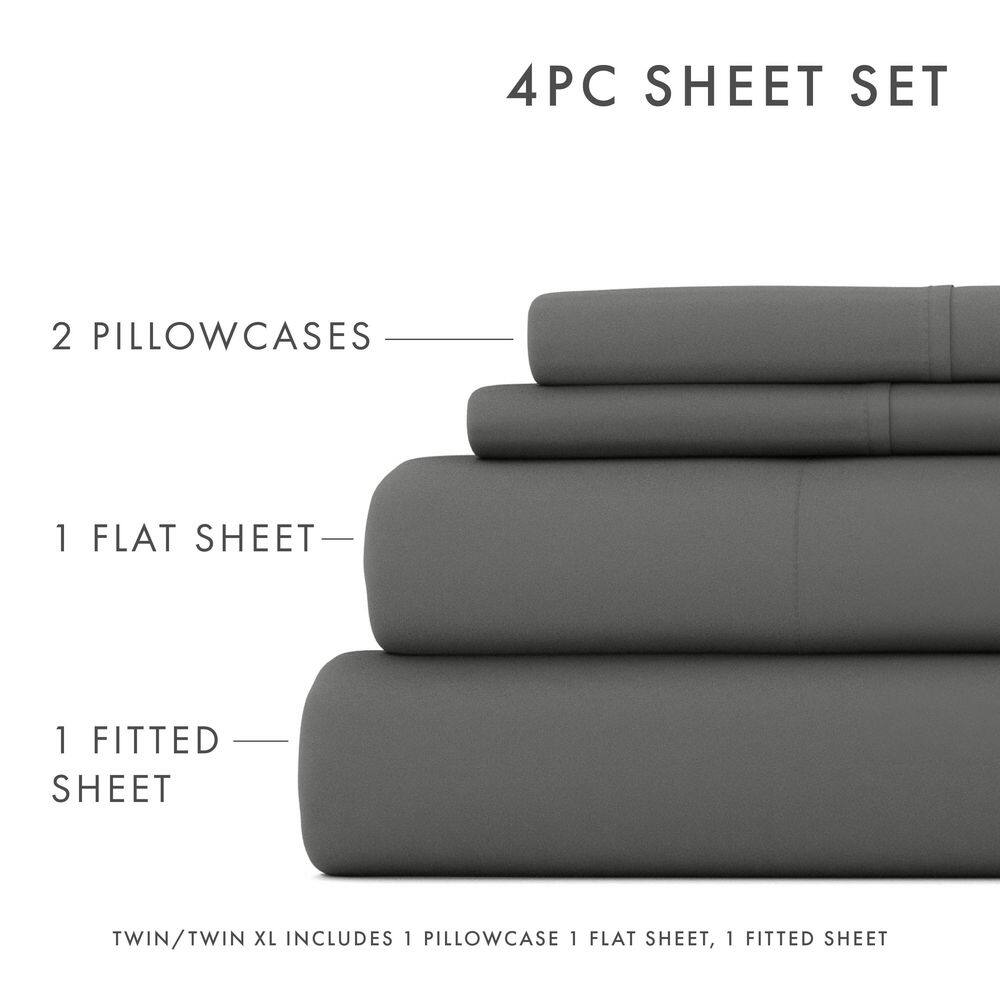 Gray Full Size Cotton Polyester Microfiber 4-Piece Bed Sheet Set
