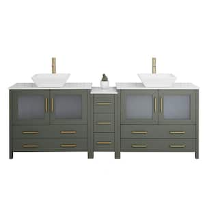 84 in. W Double Basin Vintage Green Bath Vanity with White Engineered Marble Top and Mirror