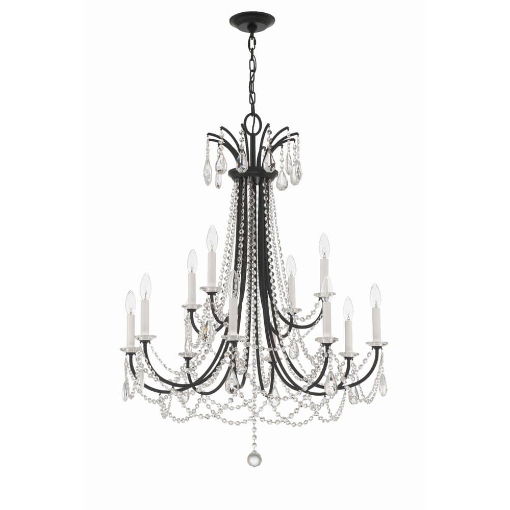 Matte Black and Crystal 12-Light Candle Chandelier