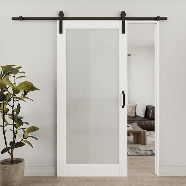 36 in. x 80 in. 1-Lite Frosted Glass White Primed MDF Assembly Required Sliding Barn Door with Hardware Kit
