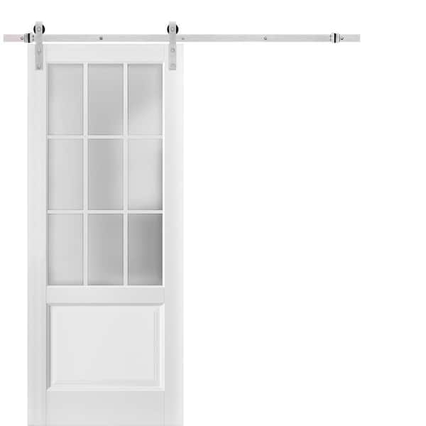 Sartodoors Felicia 3309 18 in. x 84 in. 3/4 Lite Frosted Glass Matte White Finished Solid Wood Sliding Barn Door with Hardware Kit