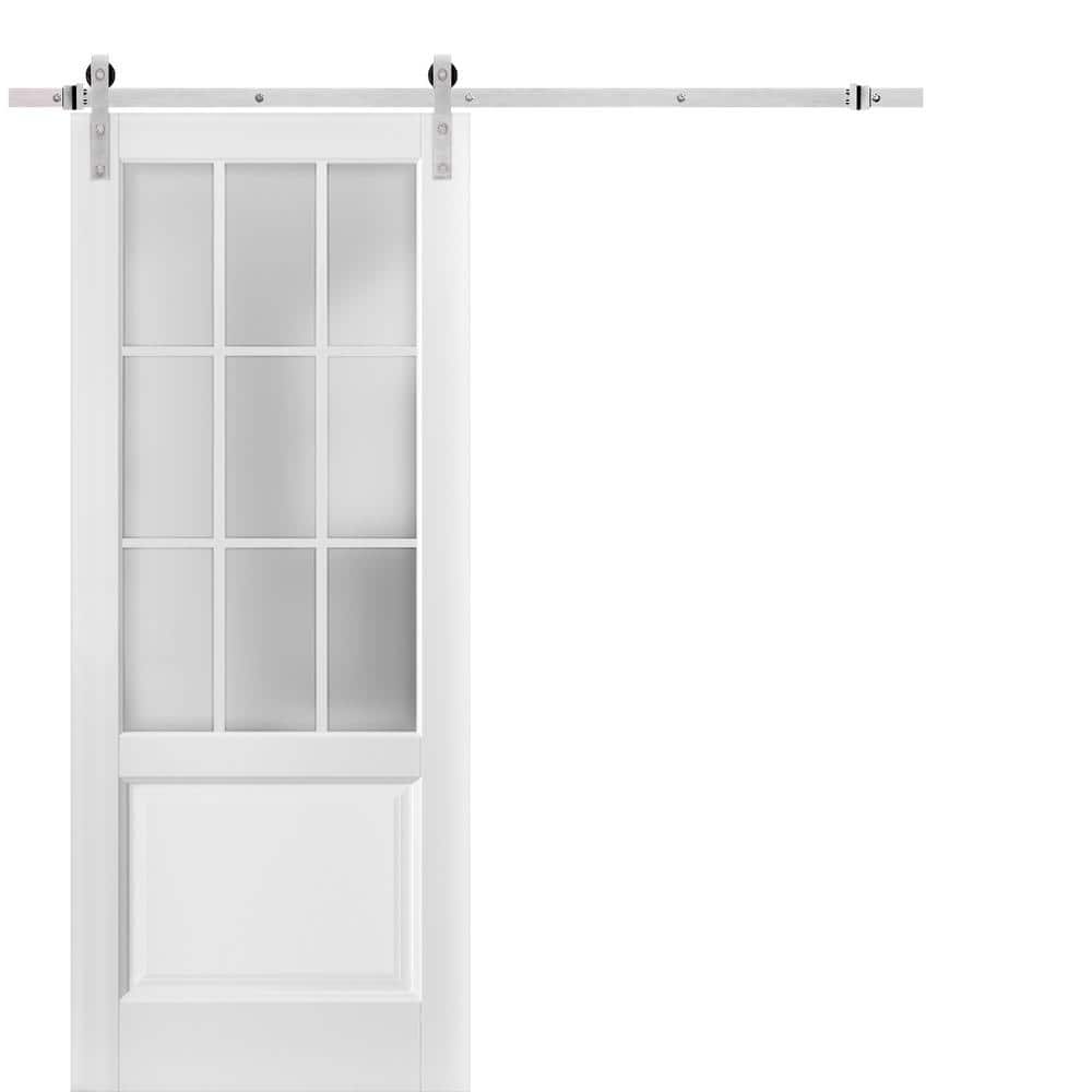 Sartodoors Felicia 3309 32 in. x 96 in. 3/4 Lite Frosted Glass Matte White Finished Solid Wood Sliding Barn Door with Hardware Kit