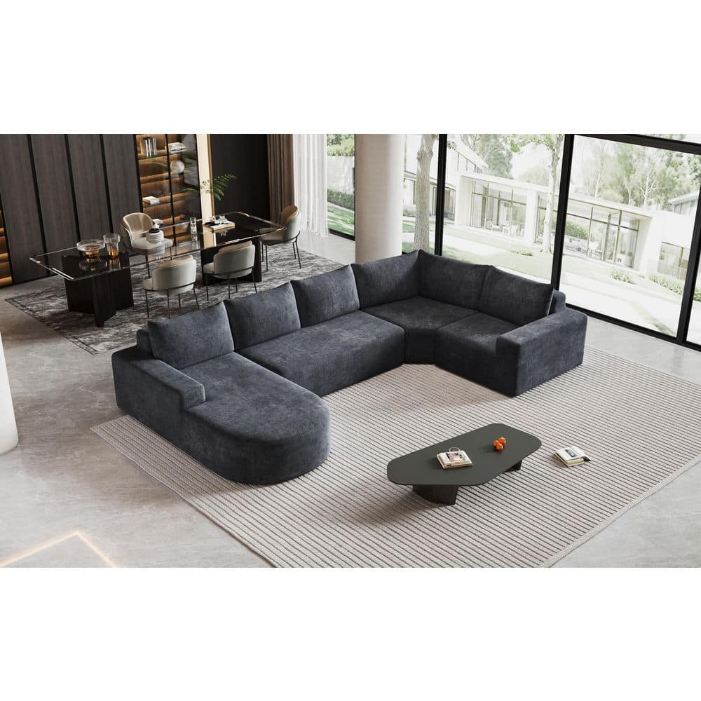 Prymonta Modern 140.5 in. Chenille Upholstered U-Shaped Modular Compressed Sectional Sofa in Grey with Pillows