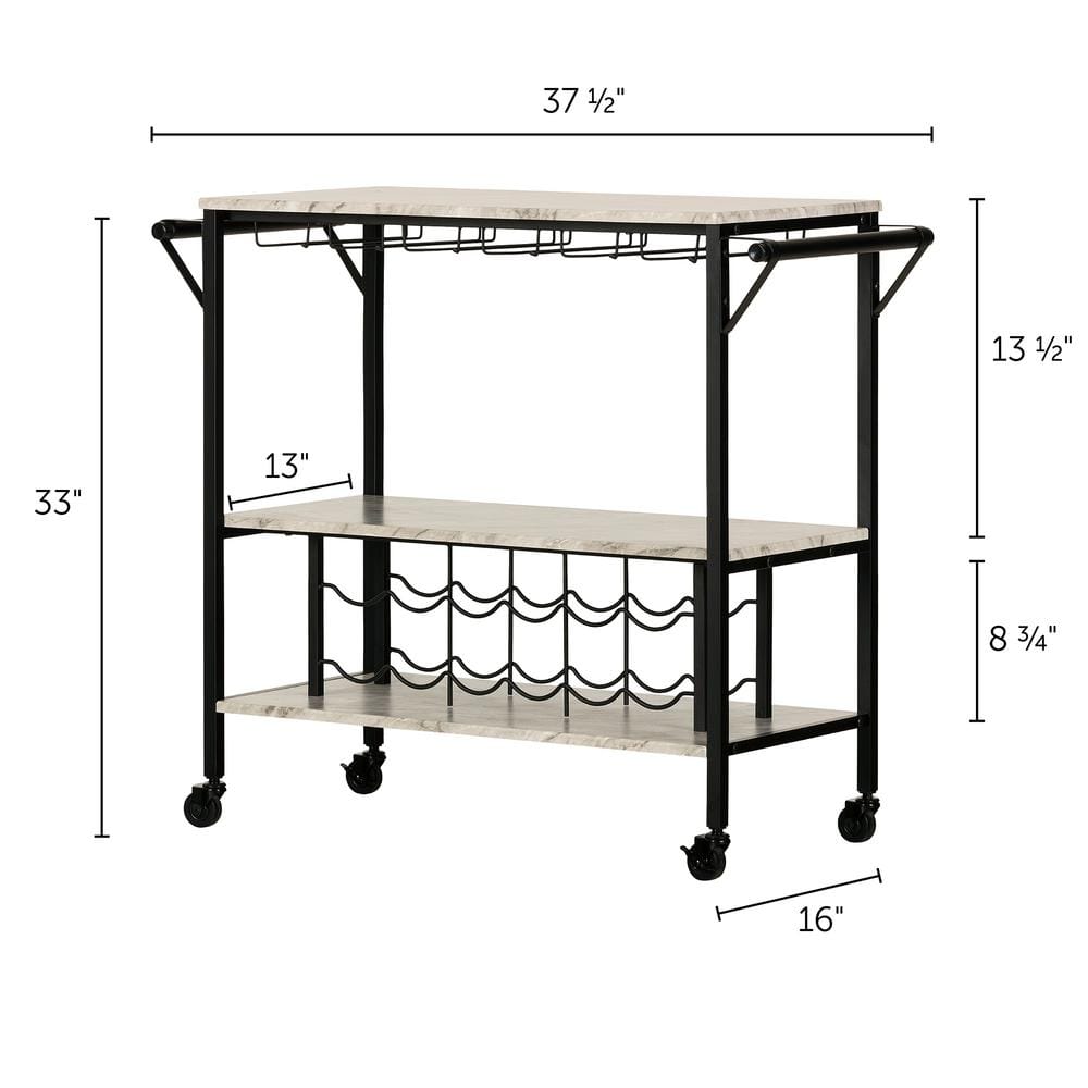 Black Faux Marble Rectangular Bar Cart with Wine Rack