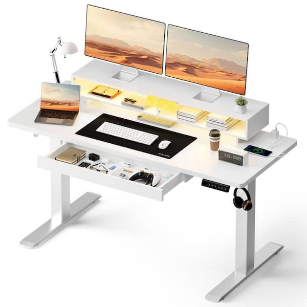 Electric Standing Desk with Drawers 48 x 24 in. White Height Adjustable Gaming Desk with Power Outlets and LED Lights