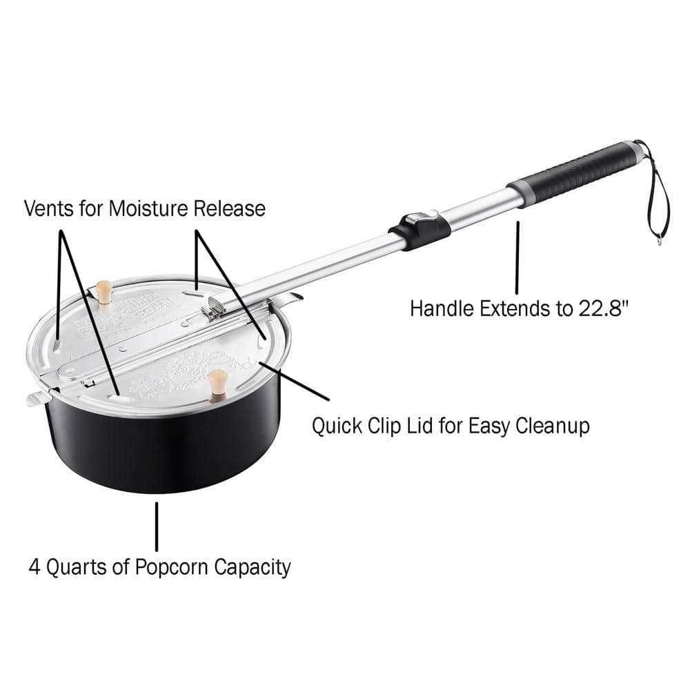 Black Metal Campfire Popcorn Popper with Telescoping Handle