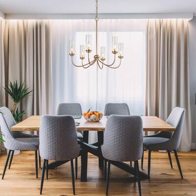 Plated Brass Linear Candlestick Island Chandelier 6-Light Pendant Light with Seeded Glass Shades for Bedroom Dining Room
