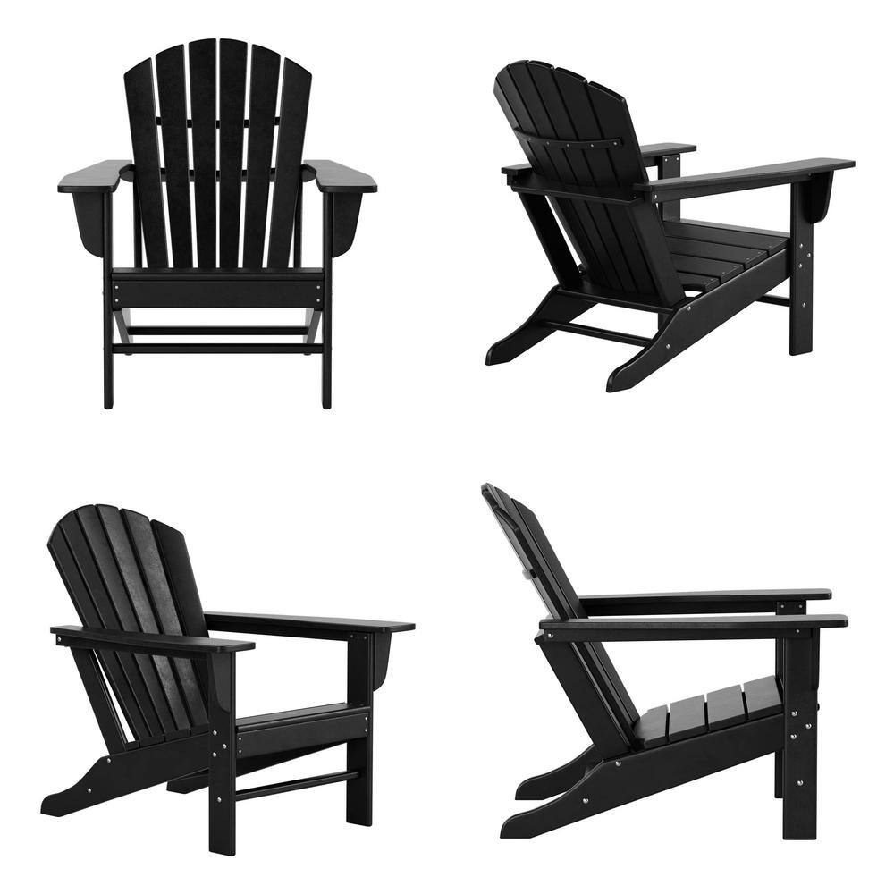 Multiple views of a black plastic Adirondack chair.