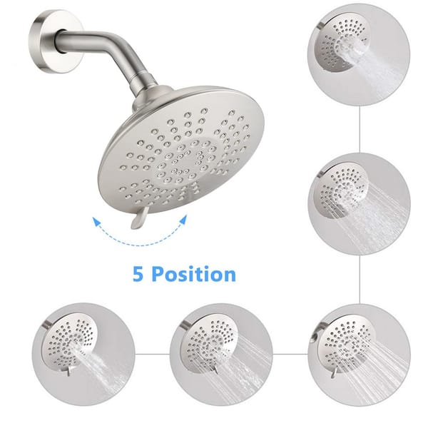 5-Spray Patterns with 2.2 GPM 6 in. Wall Mount Fixed Shower Head with Tub Spout and Valve in Brushed Nickel