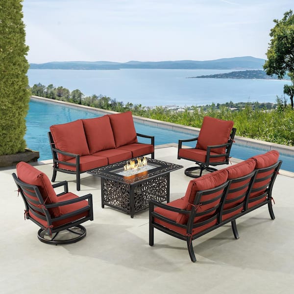 Oakland Living Black 5-Piece Aluminum Patio Fire Table Set with 2-Deep Seating Sofa with Red Cushions and 2-Club Chairs