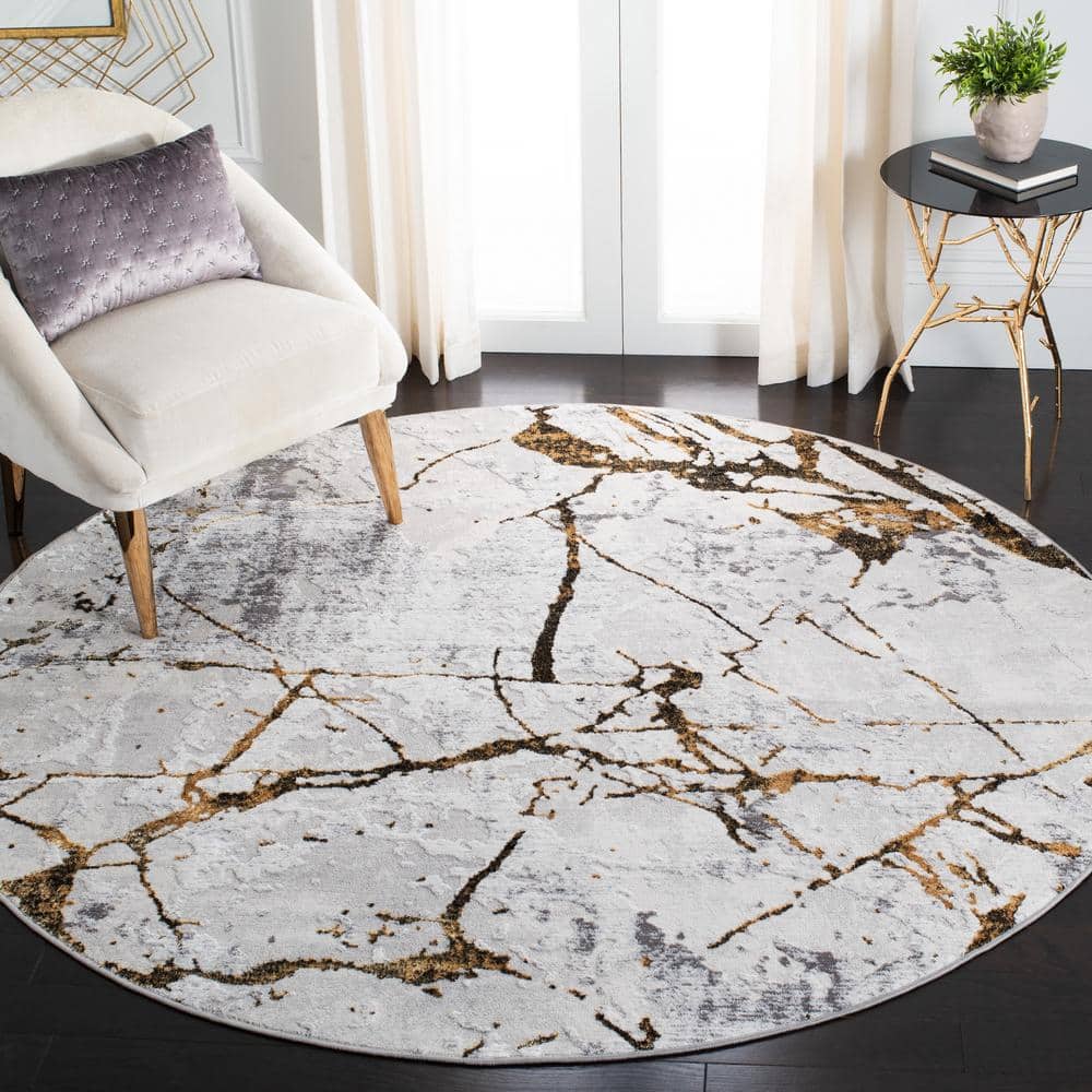 Amelia 5' Round Grey and Gold Abstract Synthetic Rug