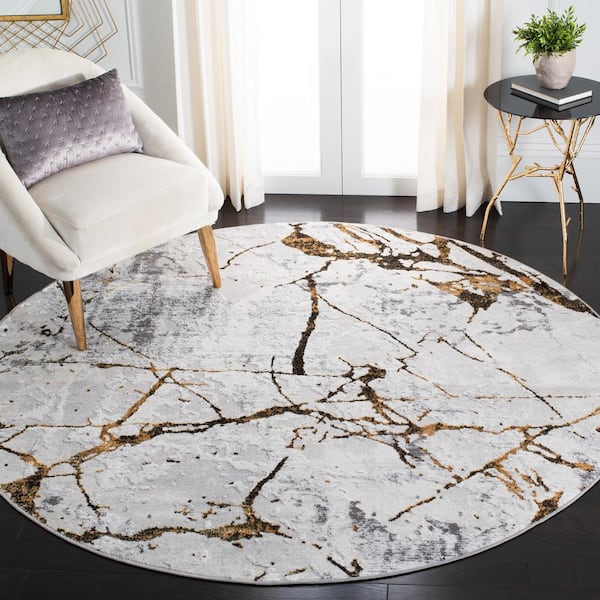 Amelia Gray/Gold 7 ft. x 7 ft. Abstract Distressed Round Area Rug