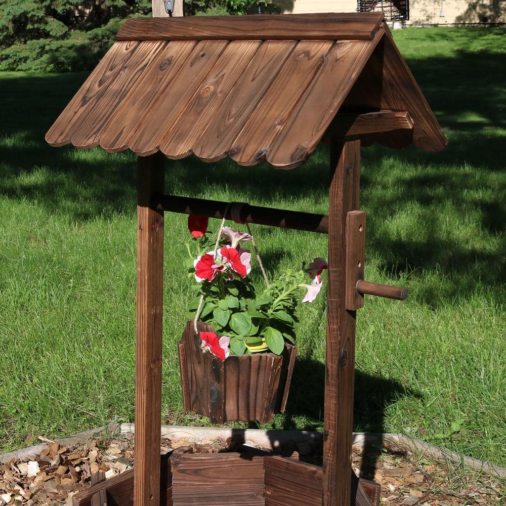 Brown Fir Wood Wishing Well Garden Planter with Hanging Bucket