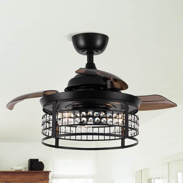 Flint Garden Modern 36 in. Indoor Black Retractable 3-Blade Crystal Ceiling Fan with Light Kit and Remote Control