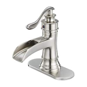 Single Hole Single-Handle Waterfall Bathroom Faucet with Deck Mount in Brushed Nickel