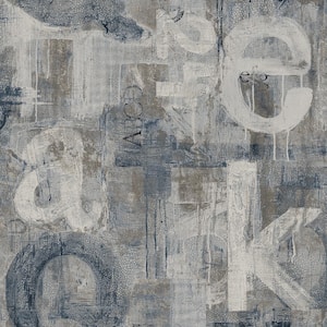 Steel Blue  and  Mocha Graphic Letters Vinyl Peel and Stick Wallpaper Roll 40.5 sq. ft.