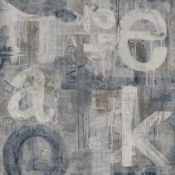 NextWall Steel Blue  and  Mocha Graphic Letters Vinyl Peel and Stick Wallpaper Roll 40.5 sq. ft.
