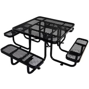 Black Square Carbon steel Picnic Table Seats 8 People with Umbrella Hole and Durable Thermoplastic Coating
