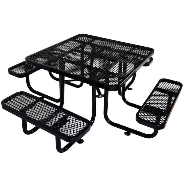 Sungrd Black Square Carbon steel Picnic Table Seats 8 People with Umbrella Hole and Durable Thermoplastic Coating