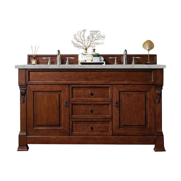 James Martin Vanities Brookfield 60.0 in. W x 23.5 in. D x 34.3 in. H Double Bath Vanity in Warm Cherry with Victorian Silver Quartz Top