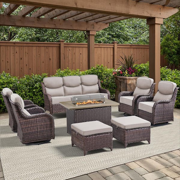 Arcadia Brown 8-Piece Wicker Outdoor Patio Fire Pit Deep Seating Set with 6-Inch Thick Beige Cushions
