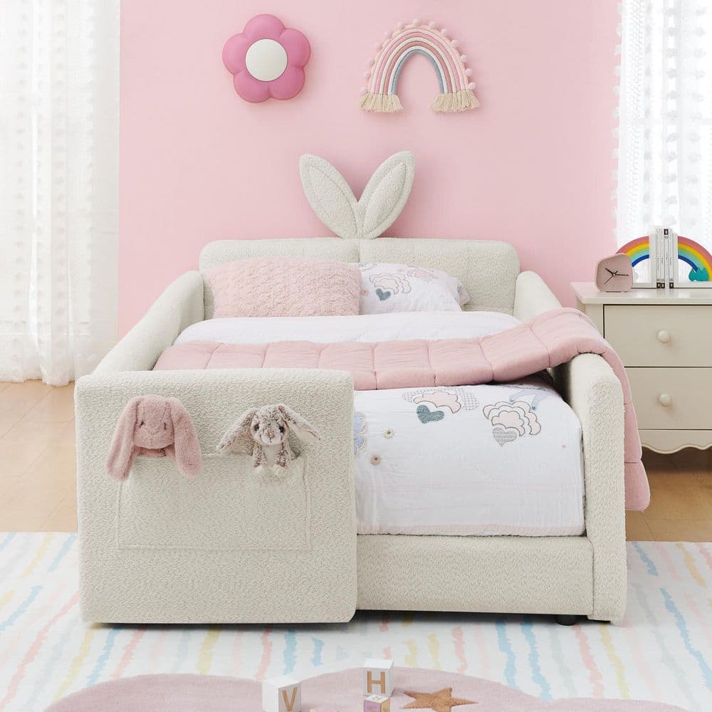Beige Twin Size Luxury Boucle Fabric Upholstered Kids Platform Bed with Charming Bunny Ear Headboard and Side Pocket