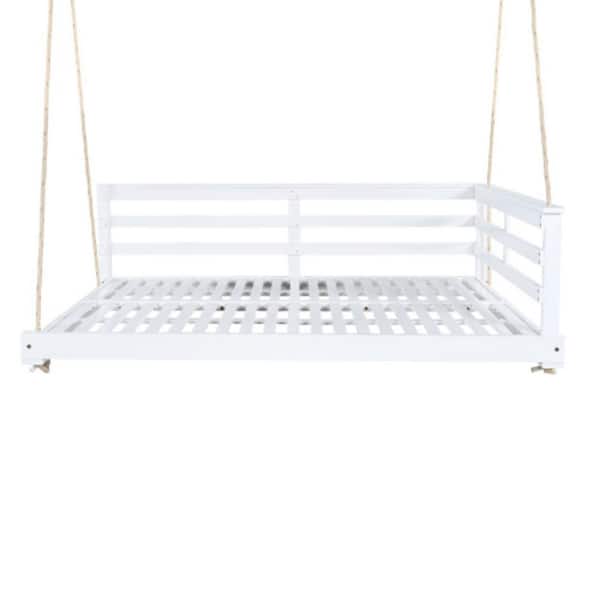 Acacia Porch Outdoor Swing Bed with Hemp Rope-Full Size Patio Hammock, 350 lbs, White