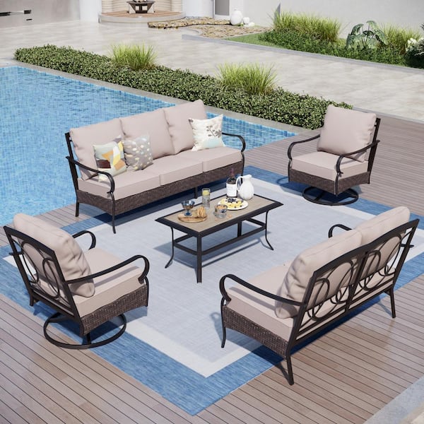 PHI VILLA Brown Rattan 7 Seat 5-Piece Steel Outdoor Patio Conversation Set with Beige Cushions, Swivel Sofas & Wood-Grain Table