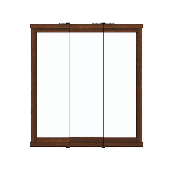 DHP Irving 30 in. W x 33 in. H Large Rectangular Tri Fold Wood Framed Wall Mounted Bathroom Vanity Mirror in Walnut