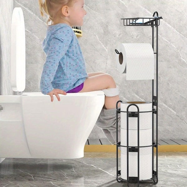 Toilet Paper Holder Stand, Stainless Steel Rustproof Tissue Roll Holder Floor Stand Storage in Black