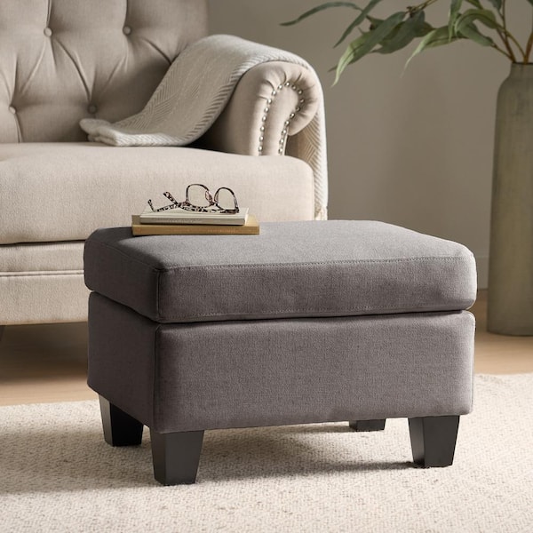 Gray Fabric Rectangle Accent Ottoman with Birch Wood Legs