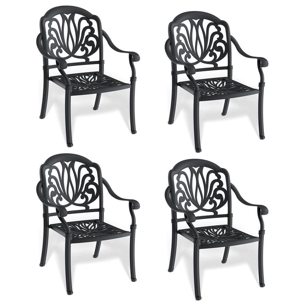 Black Frame Cast Aluminum Outdoor Dining Chair, Stackable Chairs with Cushi