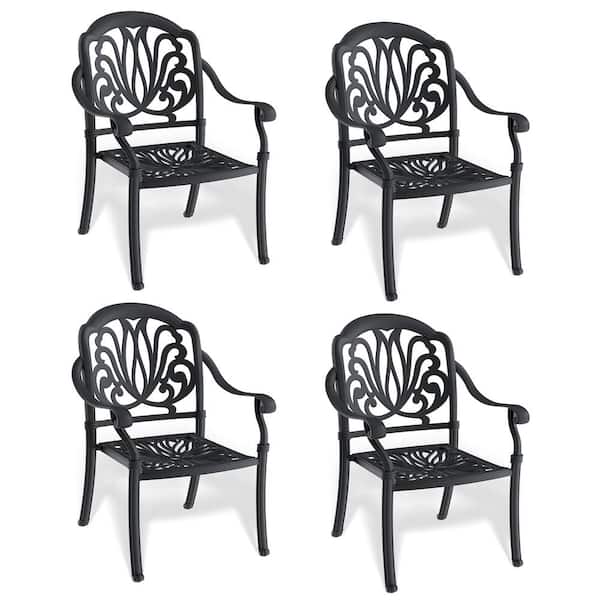 Anvil Black Frame Cast Aluminum Outdoor Dining Chair, Stackable Chairs with Cushions In Random Colors (4-Piece)