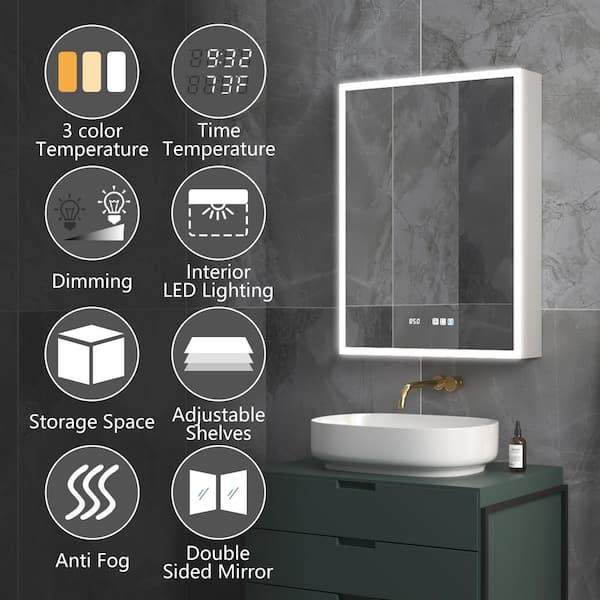 Medicine Cabinet with LED Mirror for Bathroom Anti-Fog Lighted Medicine Cabinet, Wall Mounted (24 inch32 inch), Size: 24 x 32, White