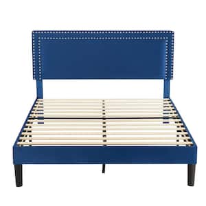 Upholstered Bed with Adjustable Headboard, No Box Spring Needed Platform Bed Frame, Bed Frame Blue Full Bed