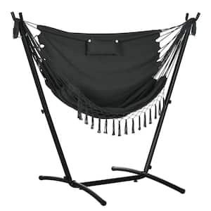 Black 5.6 ft. Patio Hammock Chair, Swing Hanging Lounge Chair with Stand, Side Pocket and Headrest