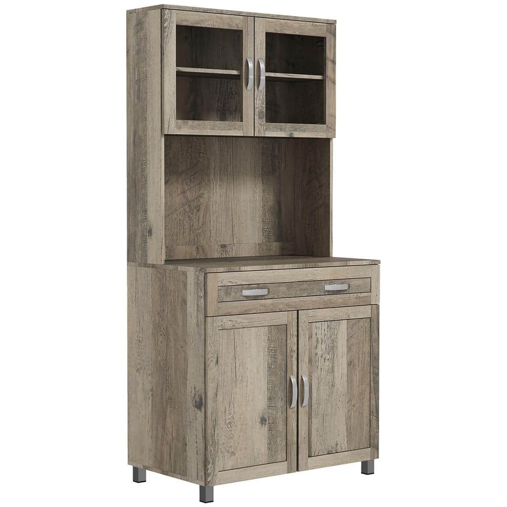 67 in. Modern Kitchen Pantry Organizer, Freestanding Storage Cabinet with Framed Glass Doors and Drawers, Gray
